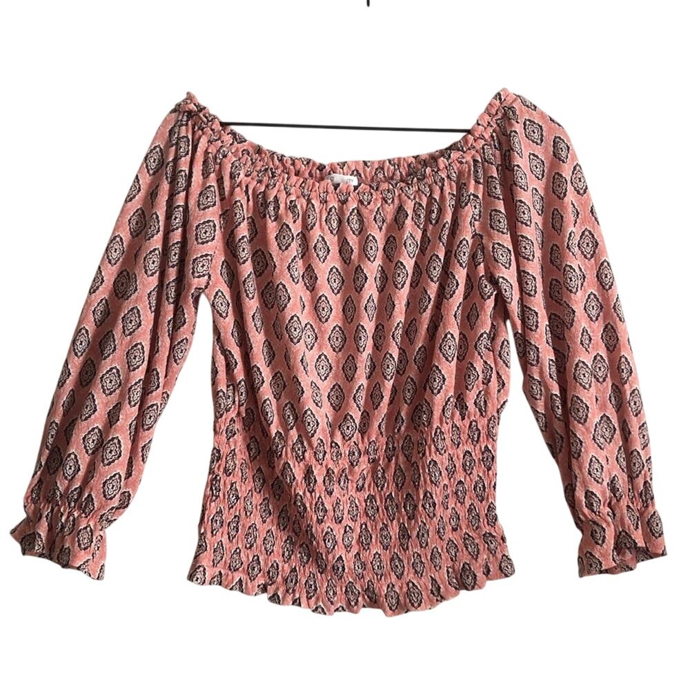 S.C. Society Pink Boho Bell Sleeve Gathered Elastic Waistband Blouse Top Medium